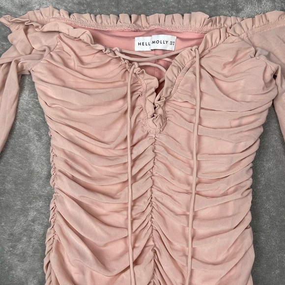 Hello Molly Dress Womens Medium Pink Feminine Ruched Bodycon Mesh Coquette Mini - Picture 5 of 11